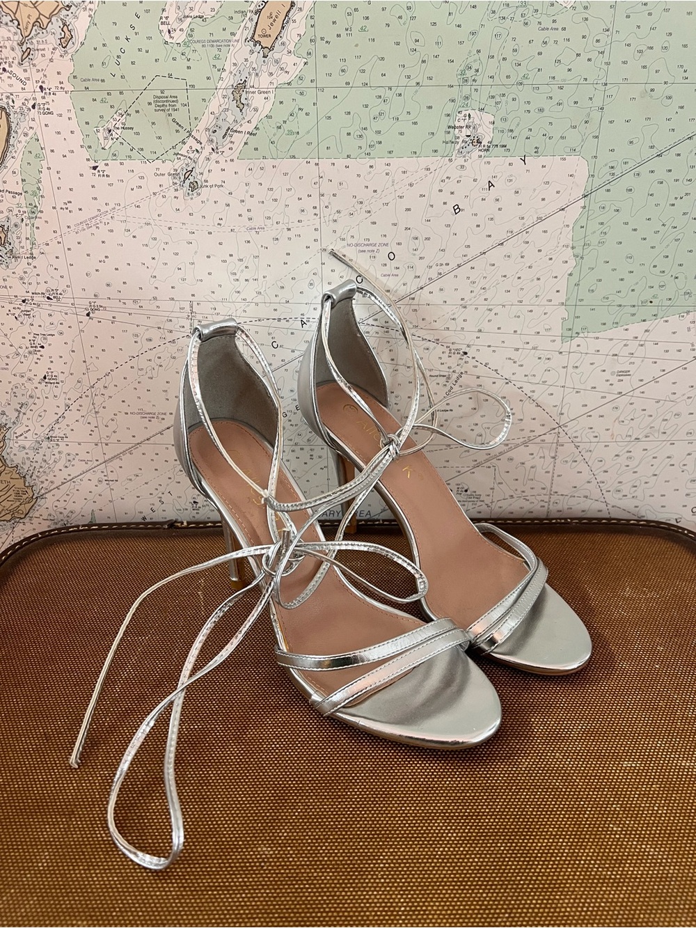Allegra K Silver Metallic Lace Up Stiletto Heels Ankle Wrap Sandals Women's 8.5